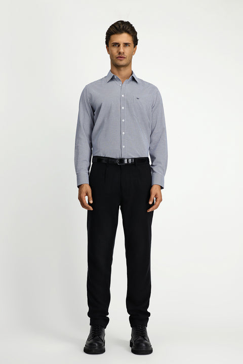 Dark Navy Long Sleeve Classic Patterned Cotton Shirt with Pockets, Easy Iron