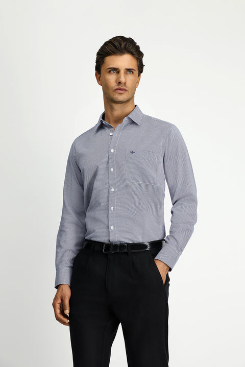 Dark Navy Long Sleeve Classic Patterned Cotton Shirt with Pockets, Easy Iron