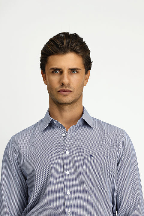 Dark Navy Long Sleeve Classic Patterned Cotton Shirt with Pockets, Easy Iron
