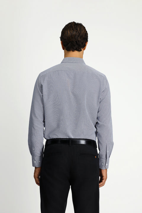 Dark Navy Long Sleeve Classic Patterned Cotton Shirt with Pockets, Easy Iron