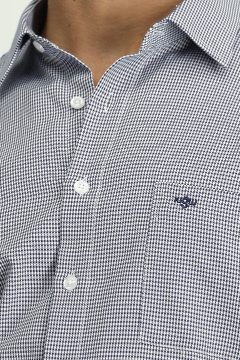 Dark Navy Long Sleeve Classic Patterned Cotton Shirt with Pockets, Easy Iron