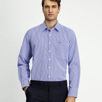 Dark Blue Long Sleeve Classic Patterned Cotton Shirt with Pockets, Easy Iron