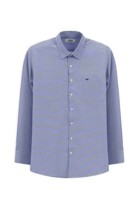 Dark Blue Long Sleeve Classic Patterned Cotton Shirt with Pockets, Easy Iron
