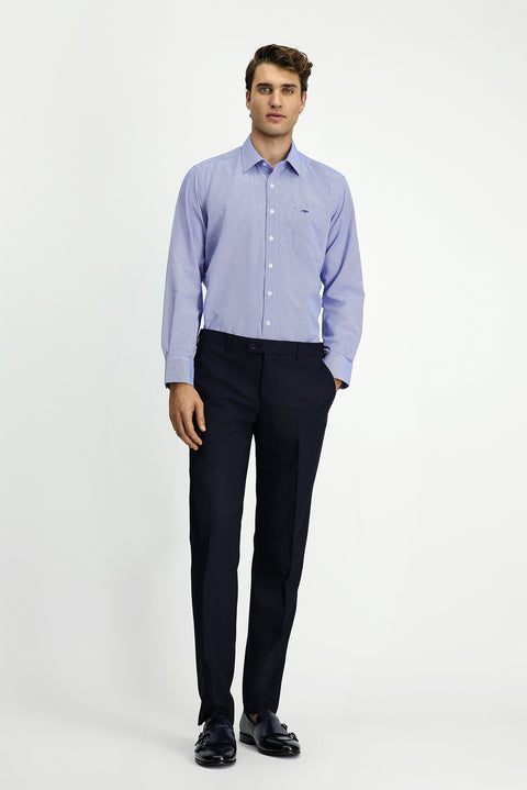 Dark Blue Long Sleeve Classic Patterned Cotton Shirt with Pockets, Easy Iron