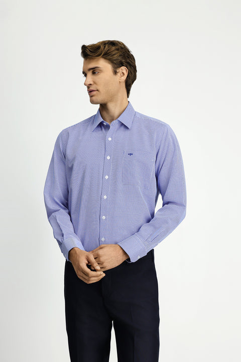 Dark Blue Long Sleeve Classic Patterned Cotton Shirt with Pockets, Easy Iron