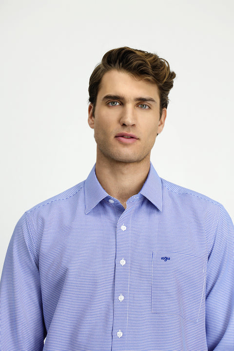 Dark Blue Long Sleeve Classic Patterned Cotton Shirt with Pockets, Easy Iron