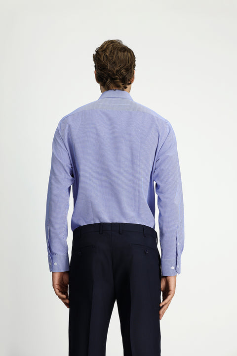 Dark Blue Long Sleeve Classic Patterned Cotton Shirt with Pockets, Easy Iron