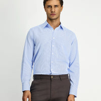 Blue Long-Sleeve Classic Patterned Cotton Shirt with Pockets, Easy-Iron