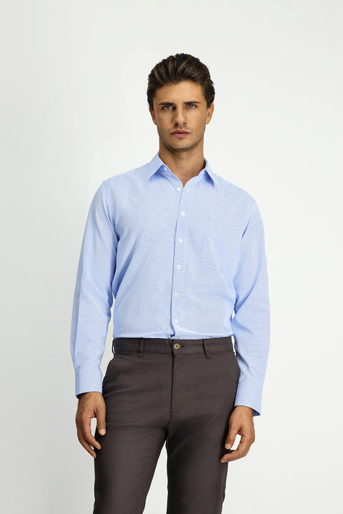 Blue Long-Sleeve Classic Patterned Cotton Shirt with Pockets, Easy-Iron