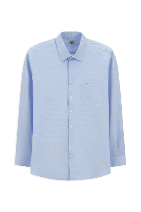 Blue Long-Sleeve Classic Patterned Cotton Shirt with Pockets, Easy-Iron