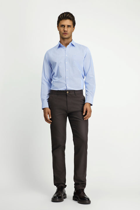 Blue Long-Sleeve Classic Patterned Cotton Shirt with Pockets, Easy-Iron