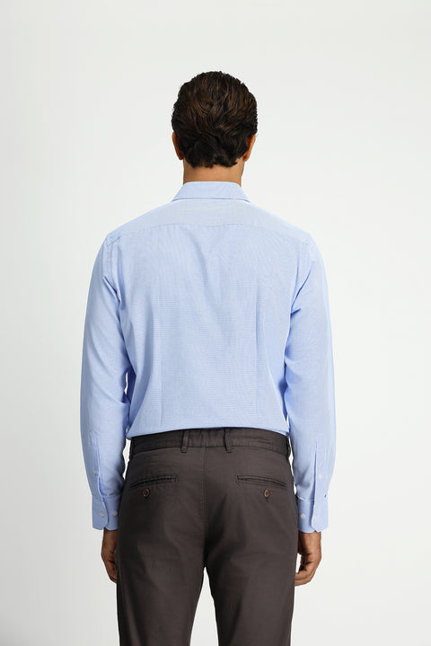 Blue Long-Sleeve Classic Patterned Cotton Shirt with Pockets, Easy-Iron