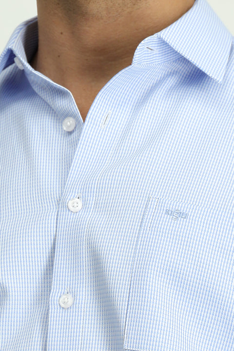 Blue Long-Sleeve Classic Patterned Cotton Shirt with Pockets, Easy-Iron