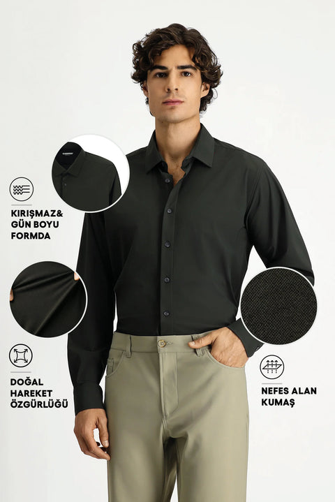 Dark Khaki Techno-Line Long Sleeve Classic Lycra Shirt