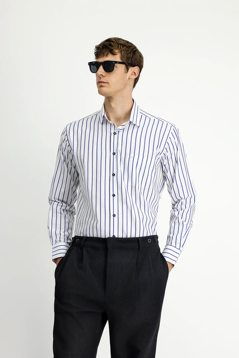 Medium Navy Long Sleeve Classic Striped Cotton Shirt