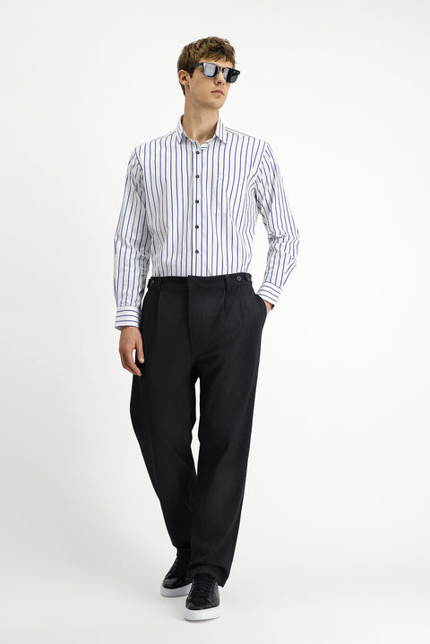 Medium Navy Long Sleeve Classic Striped Cotton Shirt