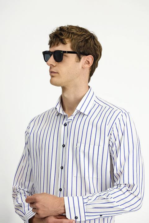 Medium Navy Long Sleeve Classic Striped Cotton Shirt