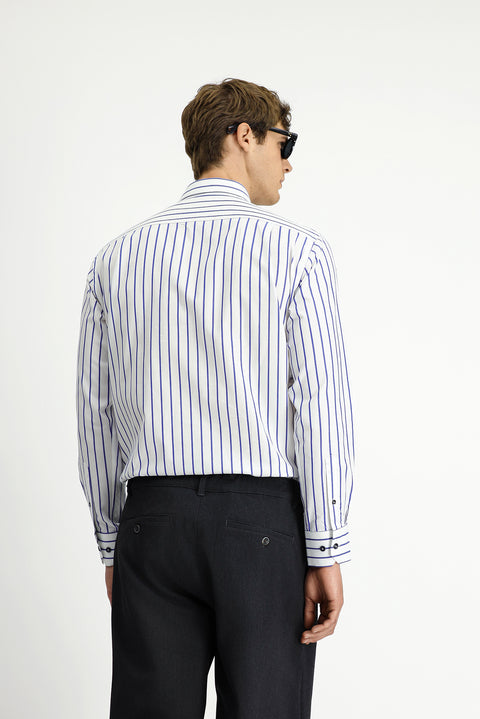 Medium Navy Long Sleeve Classic Striped Cotton Shirt