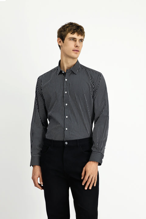 Black Long-Sleeve Classic Striped Cotton Shirt