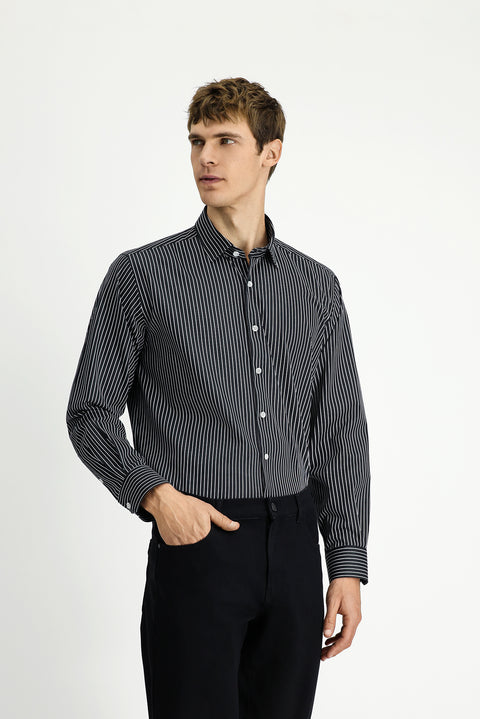 Black Long-Sleeve Classic Striped Cotton Shirt