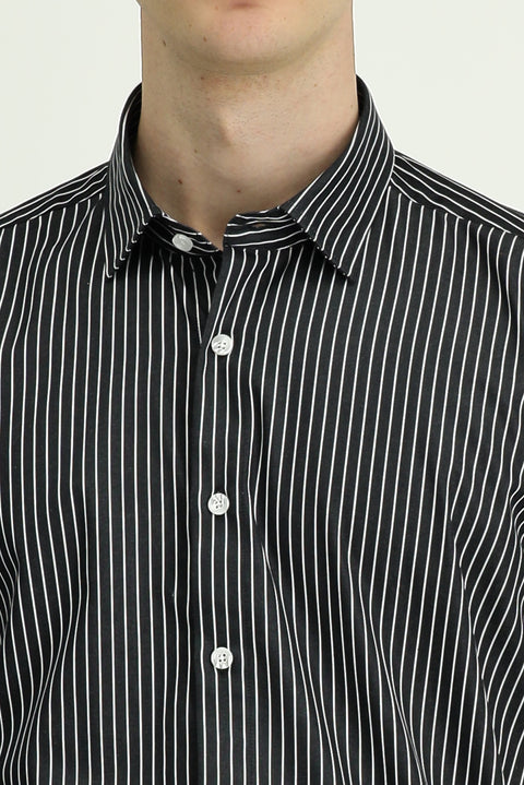 Black Long-Sleeve Classic Striped Cotton Shirt