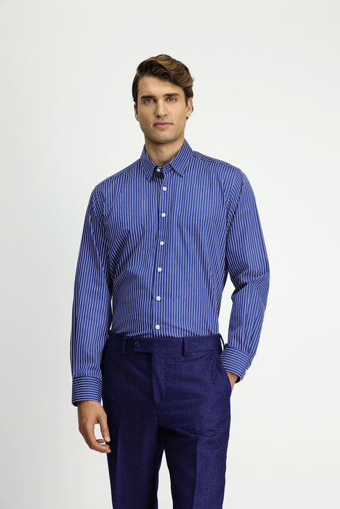Medium Navy Long Sleeve Classic Striped Cotton Shirt