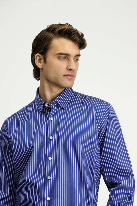 Medium Navy Long Sleeve Classic Striped Cotton Shirt