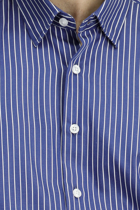 Medium Navy Long Sleeve Classic Striped Cotton Shirt