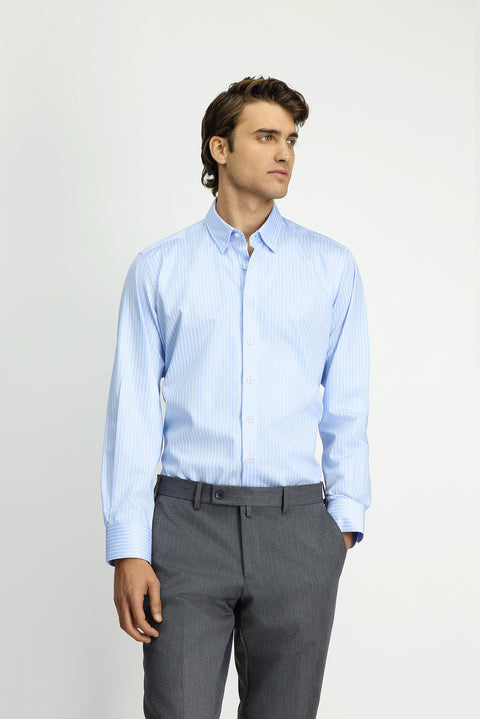 Light Blue Long Sleeve Classic Striped Cotton Shirt
