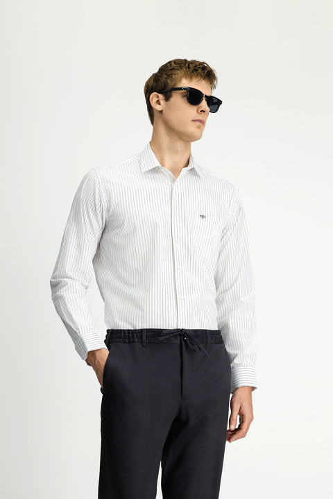Dark Navy Long Sleeve Classic Striped Cotton Shirt with Pockets, Easy Iron