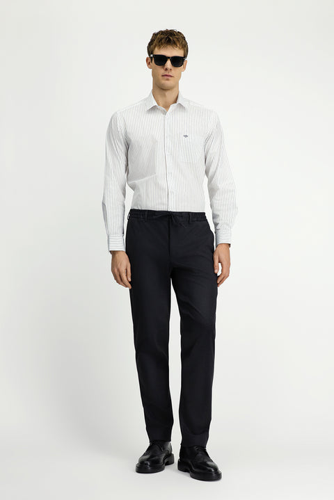 Dark Navy Long Sleeve Classic Striped Cotton Shirt with Pockets, Easy Iron