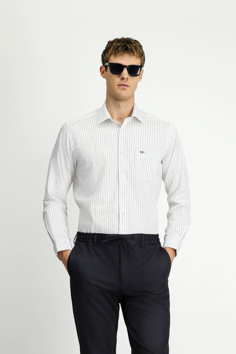 Dark Navy Long Sleeve Classic Striped Cotton Shirt with Pockets, Easy Iron