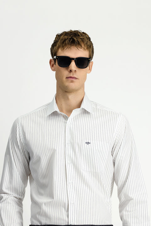 Dark Navy Long Sleeve Classic Striped Cotton Shirt with Pockets, Easy Iron
