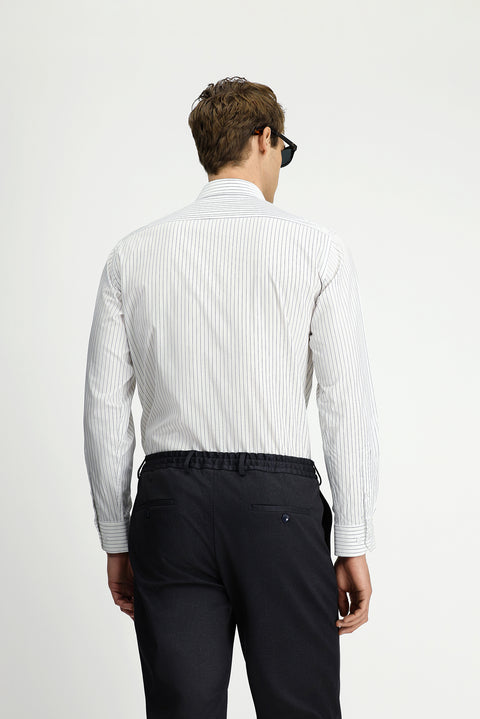 Dark Navy Long Sleeve Classic Striped Cotton Shirt with Pockets, Easy Iron
