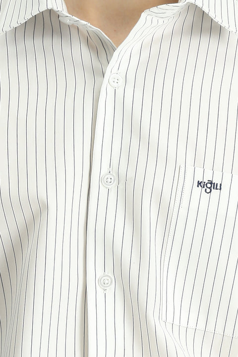 Dark Navy Long Sleeve Classic Striped Cotton Shirt with Pockets, Easy Iron