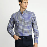 Dark Blue Long Sleeve Regular Fit Plaid Button-Down Collar Pocket Cotton Shirt