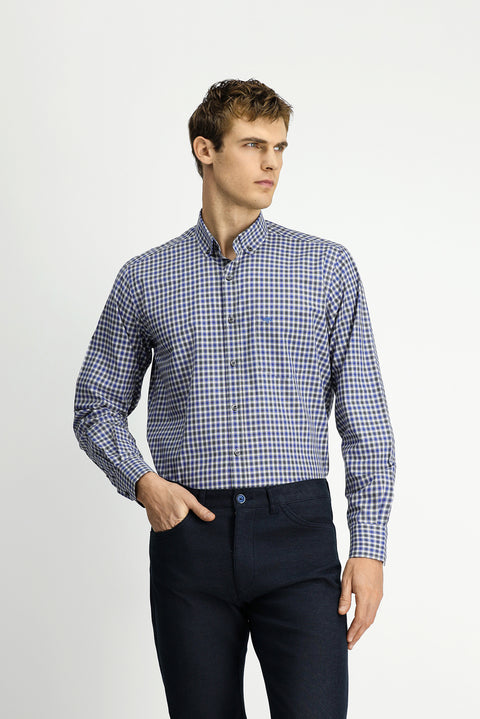 Dark Blue Long Sleeve Regular Fit Plaid Button-Down Collar Pocket Cotton Shirt