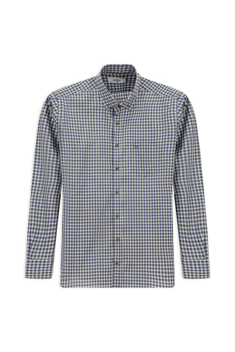 Dark Blue Long Sleeve Regular Fit Plaid Button-Down Collar Pocket Cotton Shirt