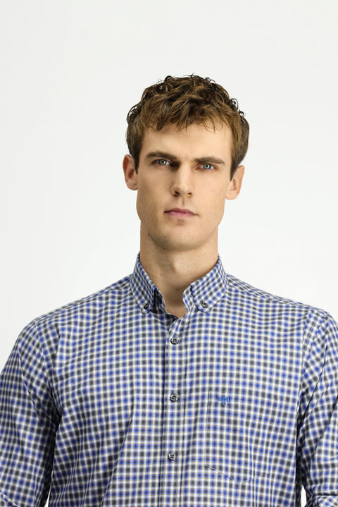 Dark Blue Long Sleeve Regular Fit Plaid Button-Down Collar Pocket Cotton Shirt