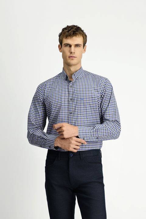 Dark Blue Long Sleeve Regular Fit Plaid Button-Down Collar Pocket Cotton Shirt