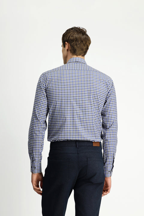Dark Blue Long Sleeve Regular Fit Plaid Button-Down Collar Pocket Cotton Shirt