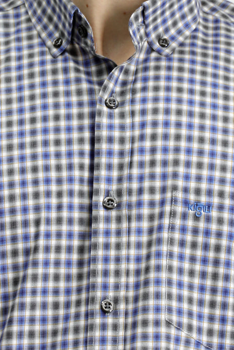 Dark Blue Long Sleeve Regular Fit Plaid Button-Down Collar Pocket Cotton Shirt