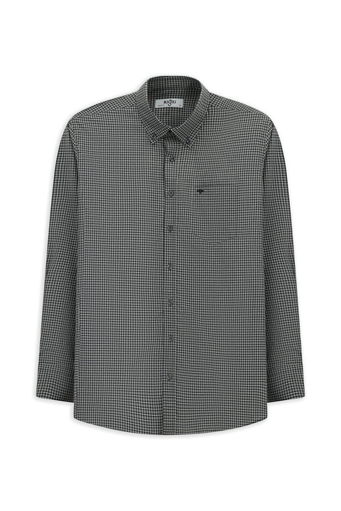 Medium Grey Long Sleeve Regular Fit Plaid Button-Down Collar Pocket Cotton Shirt