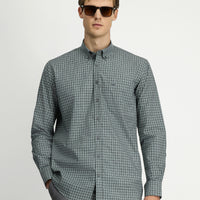 Grass Green Long Sleeve Regular Fit Plaid Button-Down Collar Pocket Cotton Shirt