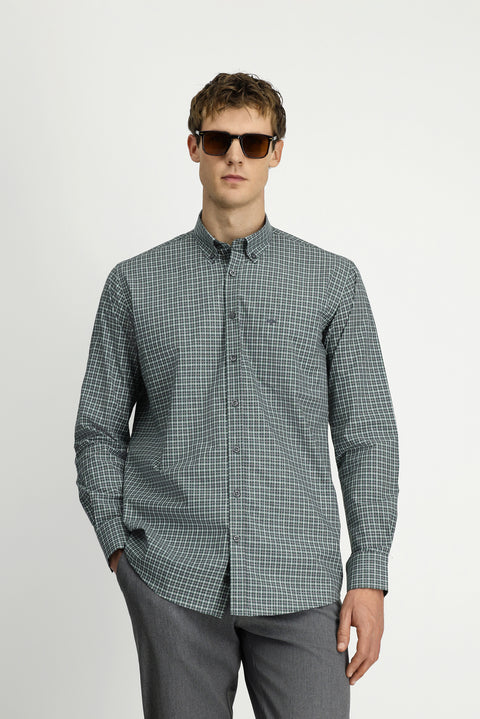 Grass Green Long Sleeve Regular Fit Plaid Button-Down Collar Pocket Cotton Shirt
