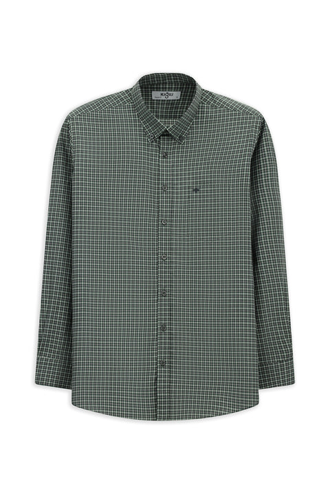 Grass Green Long Sleeve Regular Fit Plaid Button-Down Collar Pocket Cotton Shirt