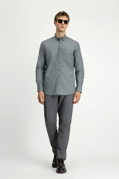 Grass Green Long Sleeve Regular Fit Plaid Button-Down Collar Pocket Cotton Shirt