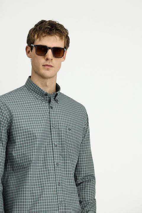 Grass Green Long Sleeve Regular Fit Plaid Button-Down Collar Pocket Cotton Shirt