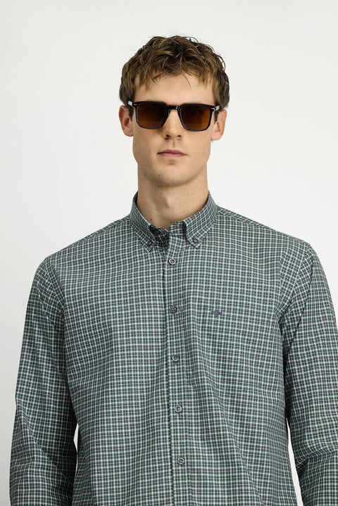 Grass Green Long Sleeve Regular Fit Plaid Button-Down Collar Pocket Cotton Shirt