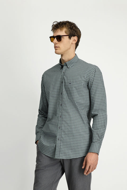 Grass Green Long Sleeve Regular Fit Plaid Button-Down Collar Pocket Cotton Shirt